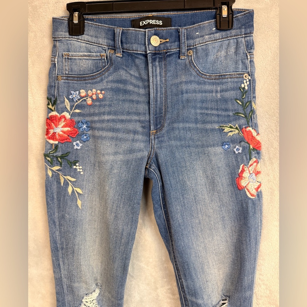 Express Skinny Jeans with Red & Blue Floral Embroidery